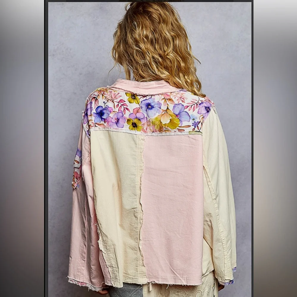 POL Floral Patchwork Button-Front Top in Cream and Pink & Purple New Never Worn - Picture 2 of 4